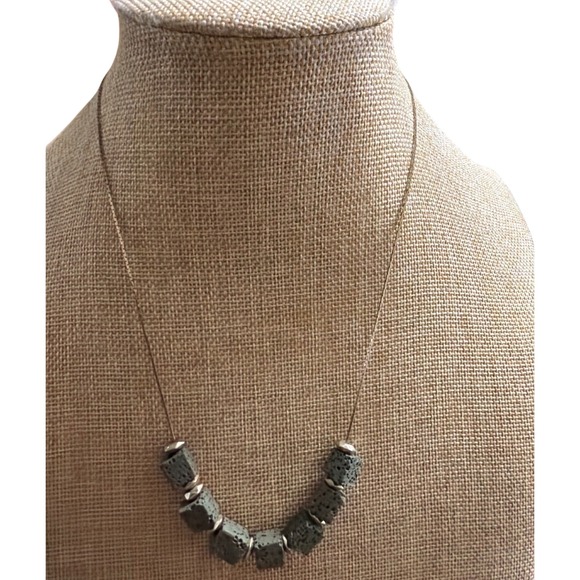 Jewelry - Grey Lava Rock Cube Bead Necklace Silver Tone Adjustable Extender Boho